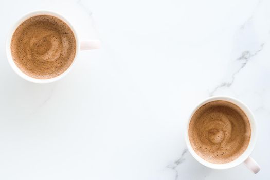 Breakfast, drinks and modern lifestyle concept - Hot aromatic coffee on marble, flatlay