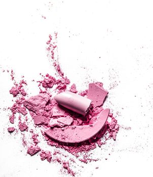 Beauty texture, cosmetic product and art of make-up concept - Crushed eyeshadows, lipstick and powder isolated on white background