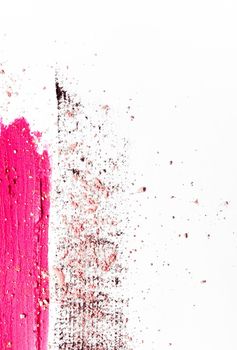 Beauty texture, cosmetic product and art of make-up concept - Lipstick smudge, mascara stroke and crushed eyeshadow isolated on white background