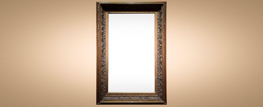 Antique art fair gallery frame on beige wall at auction house or museum exhibition, blank template with empty white copyspace for mockup design, artwork concept