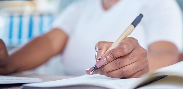 Hands, paper and writing of a woman at work and working on paperwork or documents at the office. Female business worker or employee hand and pen ready to write plan, records or customer information