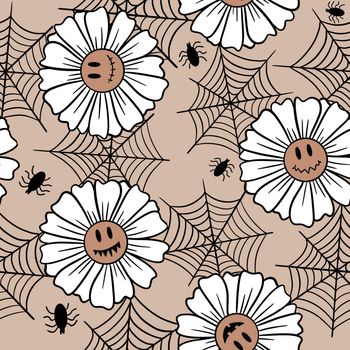 Hand drawn seamless Halloween pattern with beige cute 60s70s smile face flower daisy. Scary creepy spooky retro vintage background. fall holiday fabric background