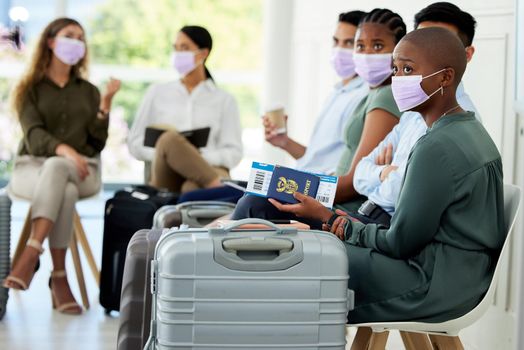 Travel, passport and covid compliance people with mask at airport for safety from corona virus traveling business class. Business people in global inclusivity with airplane ticket and luggage.