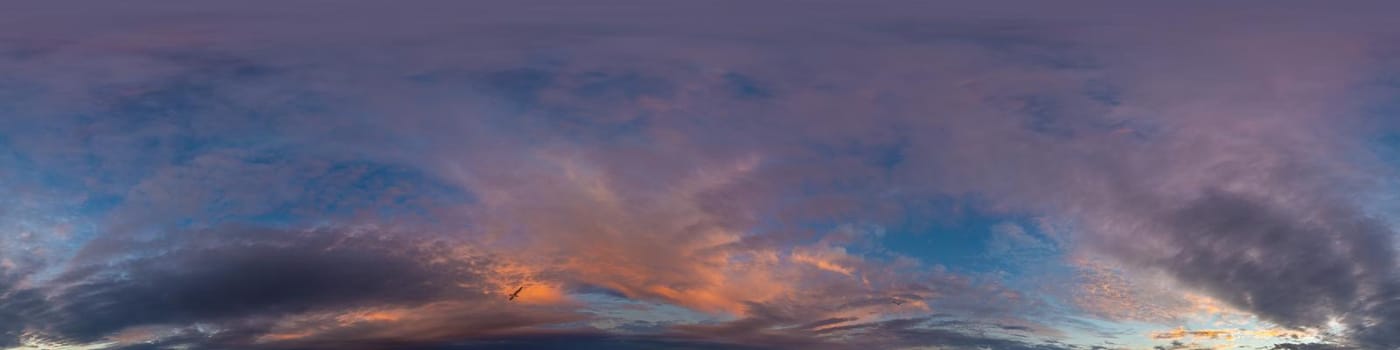 Dark blue sunset sky panorama with pink Cumulus clouds. Seamless hdr 360 pano in spherical equirectangular format. Full zenith for 3D visualization, game, sky replacement for aerial drone panoramas