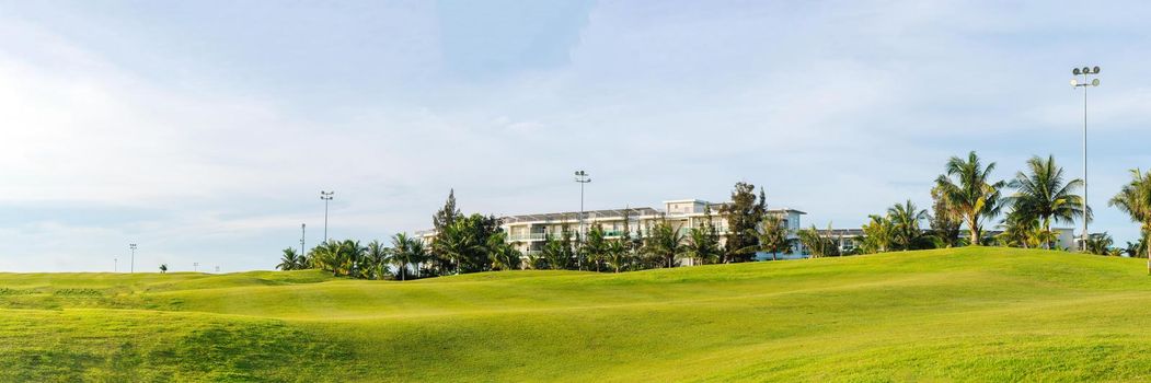 BANNER Beauty residential building sun blue sky golf green hill fabulous background wallpaper Luxury.