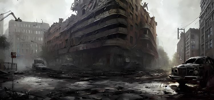 Ruins of war, destroyed buildings streets. Digital art painting book illustration,background wallpaper, concept art.