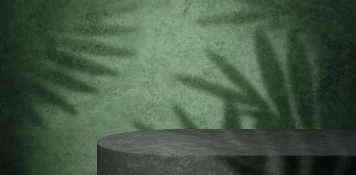 Empty Black Podium With Shadow Tropical Leaf And Green Grungy Wall Background. 3D Render. For Any Products Presentation Concept.