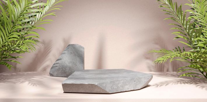 Stone Podium For Display Product With Tropical Leaves. 3D Illustration