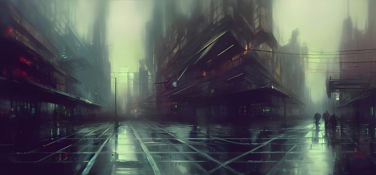 Cyberpunk streets illustration, futuristic, dystopian. Rain misty, moody future.Digital art painting for book illustration,background wallpaper, concept art.