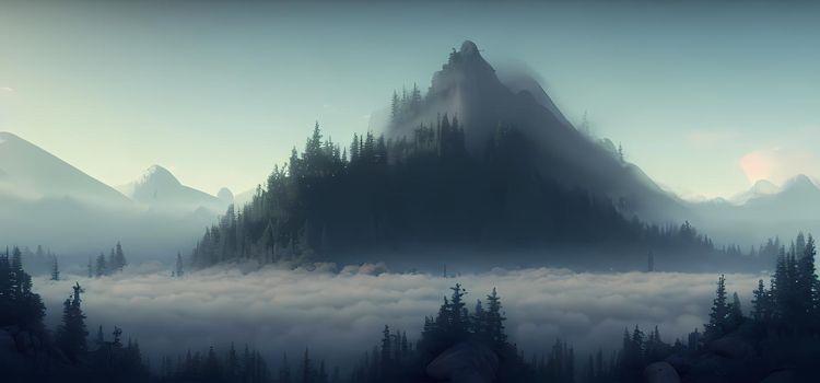 Snowy mountains with clouds trees. Digital art painting for book illustration,background wallpaper, concept art.