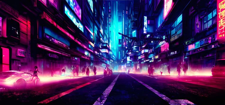 Abstract cyberpunk street glowing neon lights. Digital art painting for book illustration,background wallpaper, concept art.