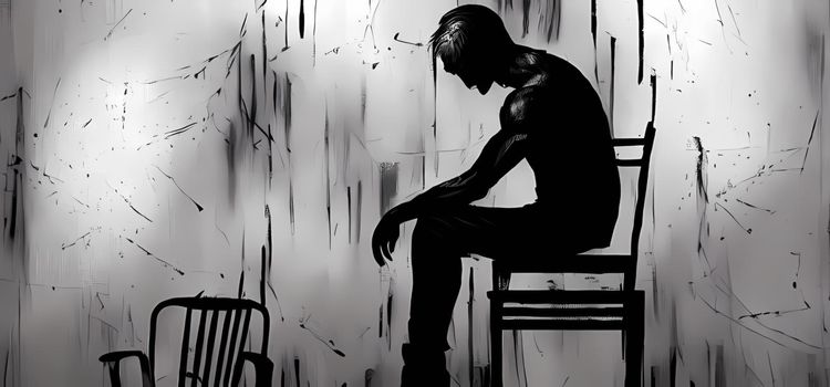 Abstract conceptual art silhouette of sad and depressed man sitting in a dark room.Digital art painting for book illustration,background wallpaper, concept art.