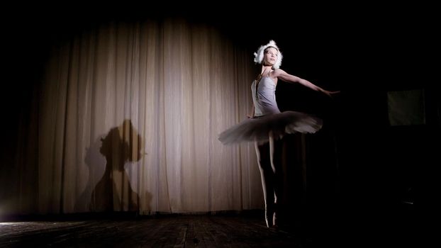 in rays of spotlight, on the stage of the old theater hall. Young ballerina in suit of white swan and pointe shoes, dances elegantly certain ballet motion, Swan Lake. High quality photo