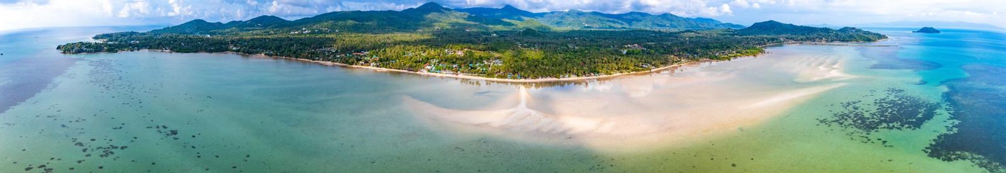 Aerial view of Hin Kong beach and its sand bank, in Koh Pha Ngan, Thailand, south east asia