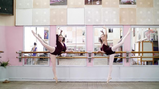 in dancing hall, Young ballerinas in purple leotards perform grand battement back on pointe shoes, raise their legs up elegantly, standing near barre at mirror in ballet class. High quality photo