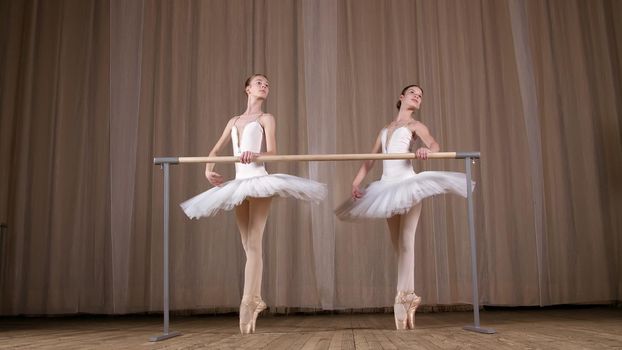 ballet rehearsal, in old theater hall. Young ballerinas in white ballet skirts, tutus, are engaged at ballet, perform elegantly a certain ballet exercise, pass , attidude, standing near barre. High quality photo
