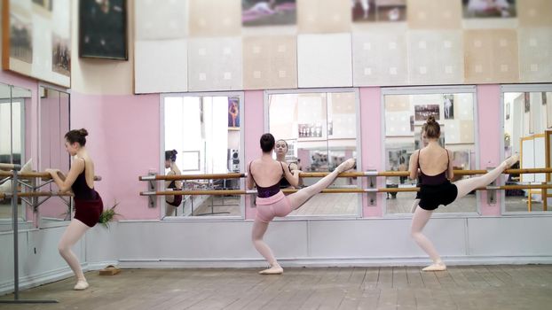 in dancing hall, Young ballerinas in black leotards stretching at barre, on pointe shoes, elegantly, standing near barre at mirror in ballet class. High quality photo