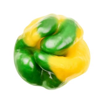 Green and yellow colored whole bellpepper. Bell pepper, one paprica isolated on white background. Pepper macro, studio, top view