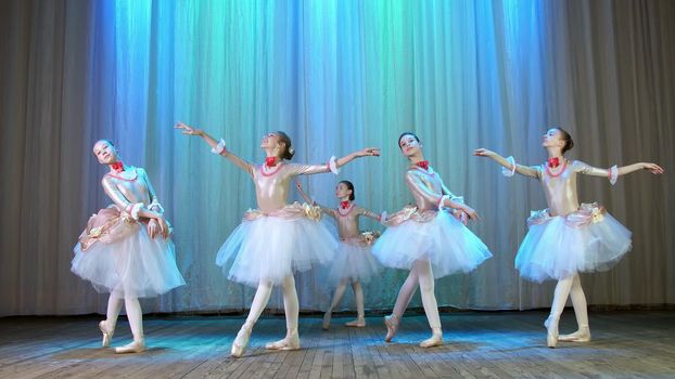 ballet rehearsal, on the stage of the old theater hall. Young ballerinas in elegant dresses and pointe shoes, dance elegantly certain ballet motions, pass, scenic bow. High quality photo