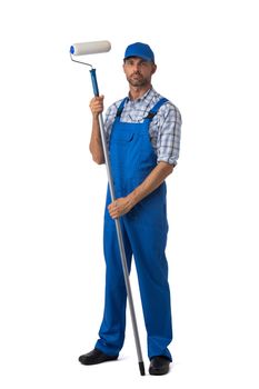 Male house painter man in uniform with paint roller Isolated over white background