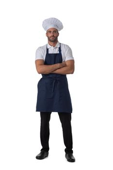 Chef cook full length portrait, man standing with arms crossed isolated on white background