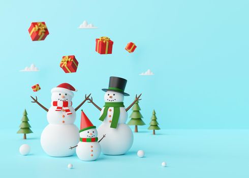 Merry Christmas, Snowman enjoying with christmas gifts on a blue background, 3d rendering