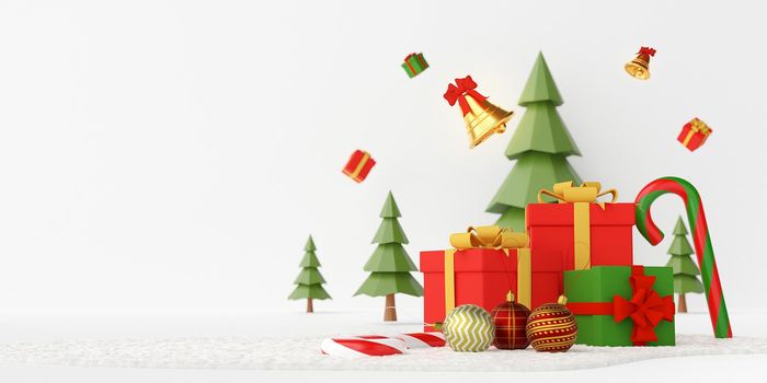 Christmas banner, Christmas presents and ornaments on a snow ground with pine tree behind, White background with copy space, 3d rendering