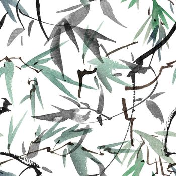 Watercolor and ink illustration of tree foliage - grayscale leaves on white background. Seamless pattern. Oriental traditional painting in style sumi-e or gohua.