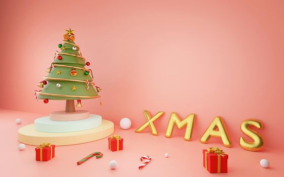 Merry Christmas and Happy New Year, Christmas tree on podium with XMAS balloon and Christmas ornaments on a pink background, 3d rendering