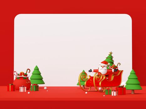 Merry Christmas and Happy New Year, Christmas red scene of Santa Claus on a Sleigh with Christmas gifts with copy space, 3d rendering
