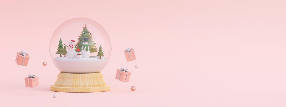 Merry Christmas and Happy New Year, Scene of Christmas gifts and Snowman with Christmas tree in a snow globe, 3d rendering