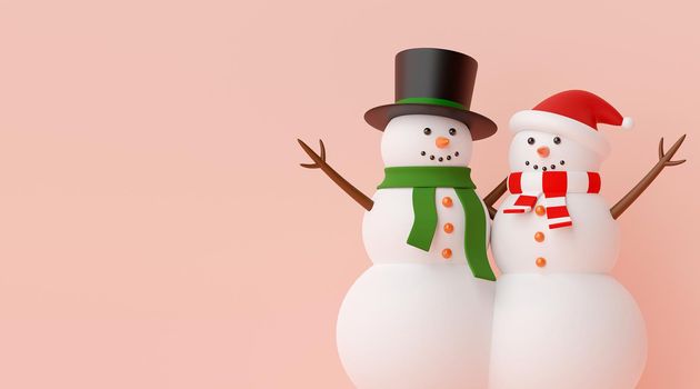 Merry Christmas and Happy New Year, Couple of snowman on a pink background with copy space, 3d rendering