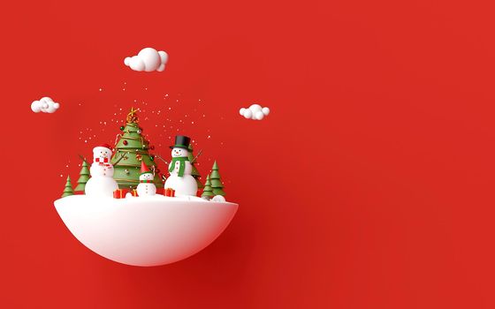 Merry Christmas and Happy New Year, Snowman celebrate Christmas day with Christmas gifts on a red background, 3d rendering