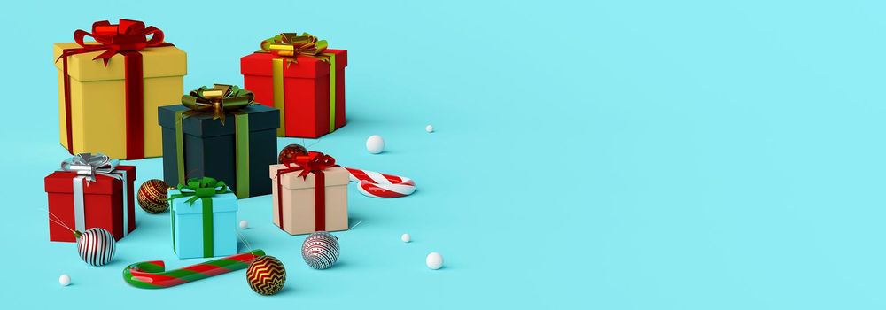 Christmas banner background of Christmas gifts and decoration, 3d rendering