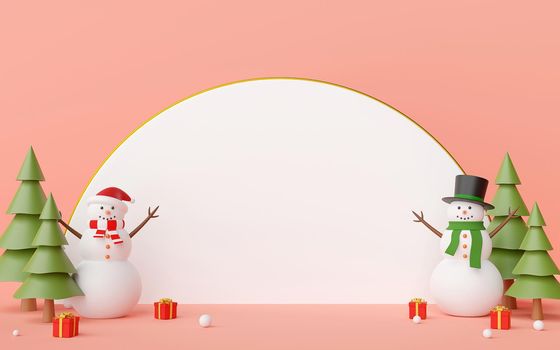 Merry Christmas and Happy New Year, Scene of snowman and Christmas gifts with white blank space on a blue background, 3d rendering