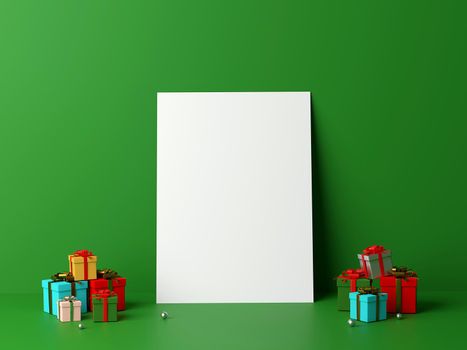 Scene of  blank white paper leaning the wall and gifts, 3d rendering