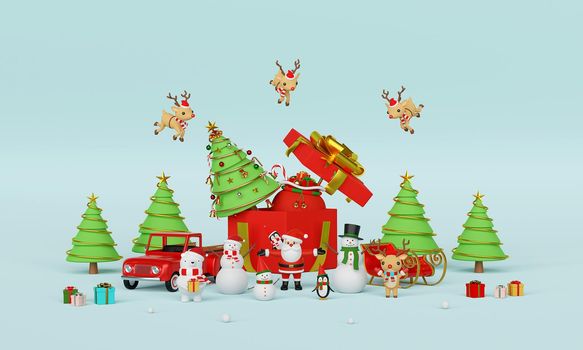 Merry Christmas and Happy New Year, Scene of Christmas celebration with Santa Claus and friends with big gift box, 3d rendering
