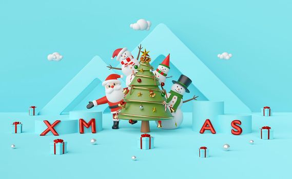 Merry Christmas and Happy New Year, Santa Claus and Snowman at Christmas tree with podium on a blue background, 3d rendering