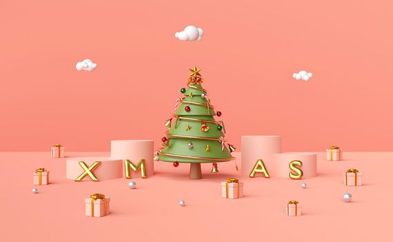Merry Christmas and Happy New Year, Christmas tree on podium with XMAS balloon and Christmas ornaments on a pink background, 3d rendering