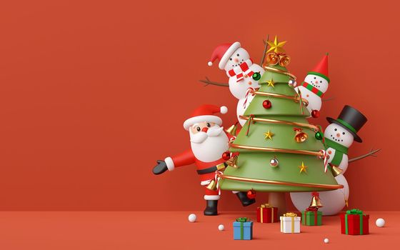 Merry Christmas and Happy New Year, Santa Claus and snowman in a Christmas party with Christmas tree, ornaments on red copy space background, 3d rendering