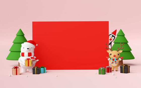 Merry Christmas and Happy New Year, Scene of blank space with cute Christmas character and Christmas gifts, 3d rendering
