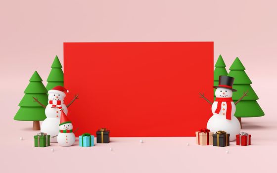 Merry Christmas and Happy New Year, Scene of blank space with Snowman and Christmas gifts, 3d rendering