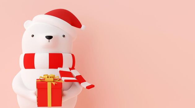 Merry Christmas and Happy New Year, Banner of Christmas character bear wearing red hat and holding Christmas gift on a pink background, 3d rendering