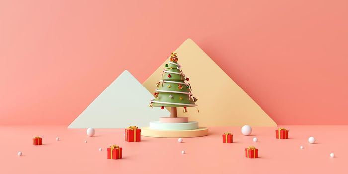 Merry Christmas and Happy New Year, Christmas banner of  Christmas tree on podium with Gifts box on a pink background, 3d rendering