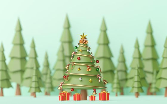Merry Christmas and Happy New Year, Landscape of Decorated Christmas Tree with gifts in pine forest, 3d rendering