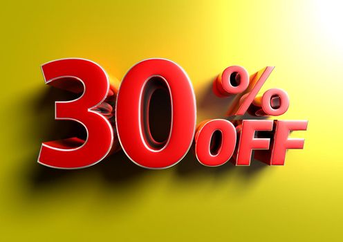 30 Percent off 3d illustration Sign on yellow background.