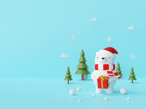 Merry Christmas and Happy New Year, Scene of Christmas Bear holding gift on a blue background, 3d rendering