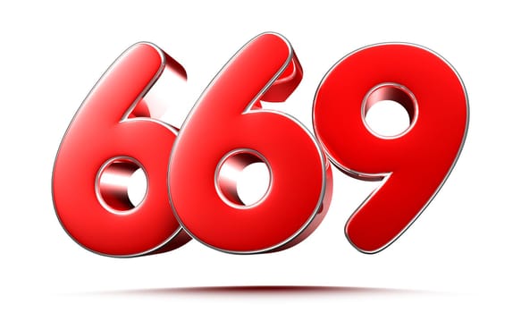 Rounded red numbers 669 on white background 3D illustration with clipping path