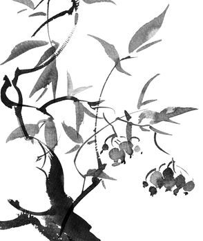 Watercolor and ink illustration of tree trunk, leaves and berries - grayscale painting on white background. Seamless pattern. Oriental traditional painting in style sumi-e or gohua.