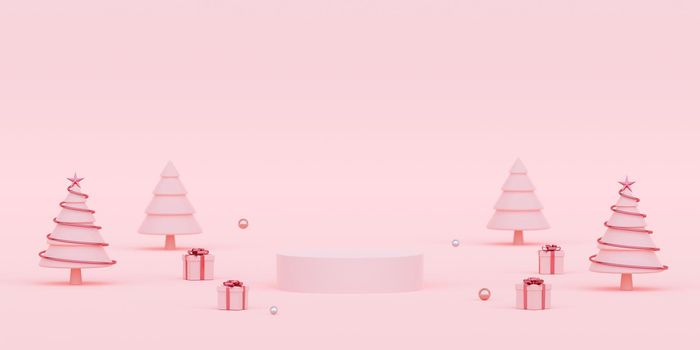 Scene of Podium with Christmas decorations and gifts, 3d rendering